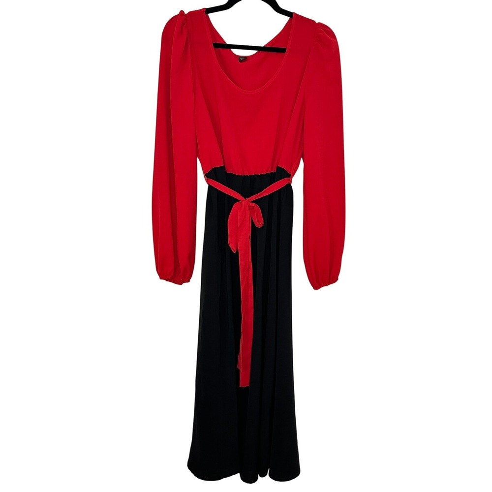 Shein Curve Womens 1XL Red Black Colorblock Maxi Dress Long Bishop Sleeve Belted